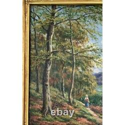 Painting Lady in The Forest Trail Antique Fine Oil Art Signed Masterpiece Decor