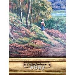 Painting Lady in The Forest Trail Antique Fine Oil Art Signed Masterpiece Decor