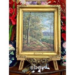 Painting Trail in Forest Antique Fine Oil Art Signed & Framed