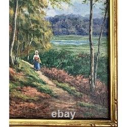 Painting Trail in Forest Antique Fine Oil Art Signed & Framed
