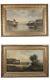 Pair Gilt Framed Nautical Oil Paintings On Canvas Coastal Scence With Sailboats