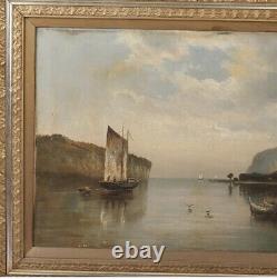 Pair Gilt Framed Nautical Oil Paintings on Canvas Coastal Scence with Sailboats
