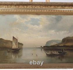 Pair Gilt Framed Nautical Oil Paintings on Canvas Coastal Scence with Sailboats