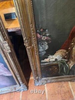 Pair of Large Antique Oil Paintings on Canvas Gilt Frame