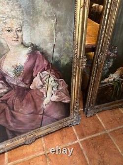 Pair of Large Antique Oil Paintings on Canvas Gilt Frame