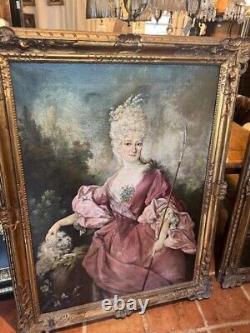 Pair of Large Antique Oil Paintings on Canvas Gilt Frame