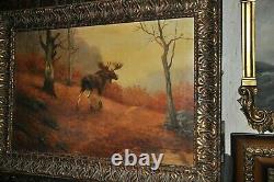 Powerful Large Antique Americana. Moose at Dusk'' Oil Painting