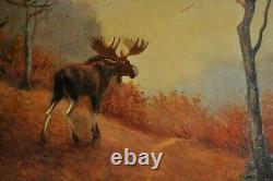 Powerful Large Antique Americana. Moose at Dusk'' Oil Painting