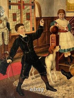 REMARKABLE 19TH CENTURY ANTIQUE EUROPEAN FOLK ART OIL PAINTING OLD REALISM 1800s