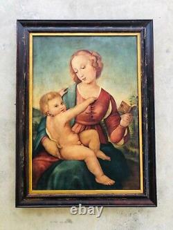 Raphael Madonna di Colonna Antique Vintage Large Oil Painting 27x39 Wood Frame