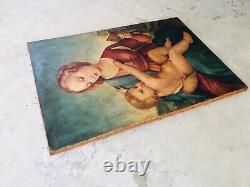 Raphael Madonna di Colonna Antique Vintage Large Oil Painting 27x39 Wood Frame