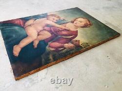 Raphael Madonna di Colonna Antique Vintage Large Oil Painting 27x39 Wood Frame