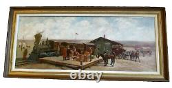 Rare Large 24 x 54 Framed Antique Painting Of Train Station, Native Americans