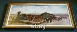 Rare Large 24 x 54 Framed Antique Painting Of Train Station, Native Americans