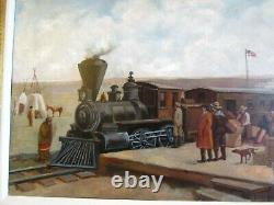 Rare Large 24 x 54 Framed Antique Painting Of Train Station, Native Americans