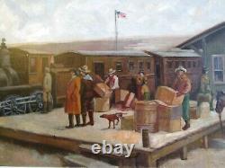 Rare Large 24 x 54 Framed Antique Painting Of Train Station, Native Americans