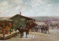 Rare Large 24 x 54 Framed Antique Painting Of Train Station, Native Americans