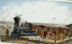 Rare Large 24 x 54 Framed Antique Painting Of Train Station, Native Americans