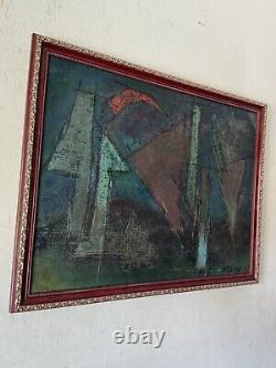 Rsg Antique MID Century Modern Abstract Oil Painting Old Vintage 1952