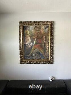 SAMSON AND DELILAH ANTIQUE MODERN ABSTRACT OIL PAINTING OLD VINTAGE BIBLICAL 60s
