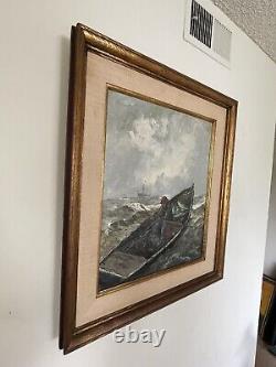 Segundo Huertas Antique Modern Seascape Oil Painting Old Vintage Ocean Boat 1965