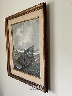 Segundo Huertas Antique Modern Seascape Oil Painting Old Vintage Ocean Boat 1965
