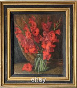 Serge Polewy Antique Still Life Impressionist Oil Painting Old Red Roses 1948