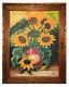 Sunflower Antique Oil Painting On Canvas Artist Signed By Villa, Ooak Vtg Mcm
