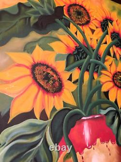 Sunflower Antique Oil Painting on Canvas Artist Signed by VILLA, OOAK VTG MCM