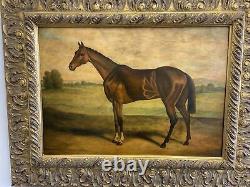 VTG. American Lovely Horse Oil Painting On Board In Gold Picture Frame
