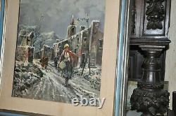 Very Fine Large Antique Snow scape Village Genre Oil Painting