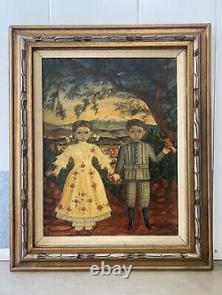 Vintage Antique Mexican Folk Art Modern Child Portrait Oil Painting LABIOS