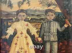 Vintage Antique Mexican Folk Art Modern Child Portrait Oil Painting LABIOS