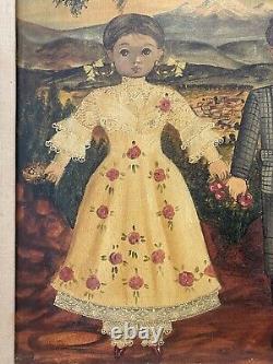 Vintage Antique Mexican Folk Art Modern Child Portrait Oil Painting LABIOS