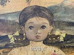 Vintage Antique Mexican Folk Art Modern Child Portrait Oil Painting LABIOS