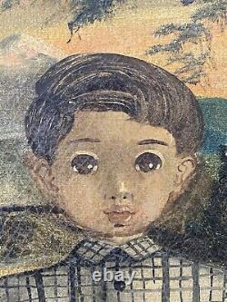 Vintage Antique Mexican Folk Art Modern Child Portrait Oil Painting LABIOS