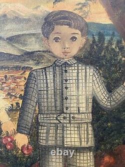 Vintage Antique Mexican Folk Art Modern Child Portrait Oil Painting LABIOS