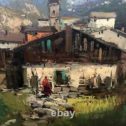 Vintage Antique Original Oil Painting Landscape Mountains Alps Buildings Signed