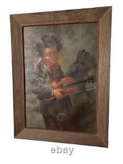 Vintage Antique Painting Large Oil On Canvas Child Playing Guitar Signed Framed