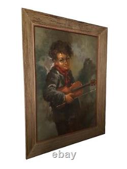 Vintage Antique Painting Large Oil On Canvas Child Playing Guitar Signed Framed