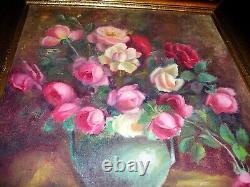 Vintage Floral Oil Painting Signed Framed Still Life Pink Roses Flowers Large