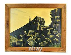 Vintage Mid-Century Modern Cubist Mountains with Legionnaire Oil Painting