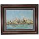 Vintage Modernist Cityscape Sea Port Painting Oil On Board Framed 18 X 22