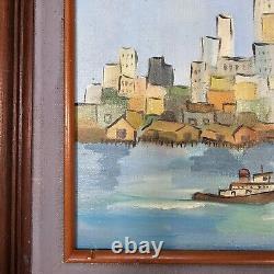 Vintage Modernist Cityscape Sea Port Painting Oil on Board Framed 18 x 22