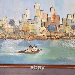 Vintage Modernist Cityscape Sea Port Painting Oil on Board Framed 18 x 22