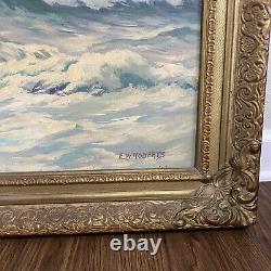 Vintage Oil Painting Canvas Framed Signed EW Roberts Beach Coast Rocky Waves