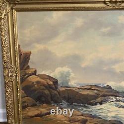 Vintage Oil Painting Canvas Framed Signed EW Roberts Beach Coast Rocky Waves