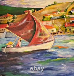 Vtg LARGE Orig Oil Canvas Sailboat Shoreline Village Signed Betsy Loeser 26x48