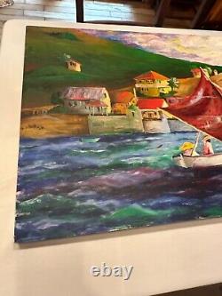 Vtg LARGE Orig Oil Canvas Sailboat Shoreline Village Signed Betsy Loeser 26x48