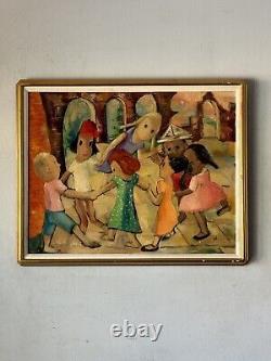 Wonderful Antique Modern Boy Girl Impressionist Oil Painting Vintage Kids Dance